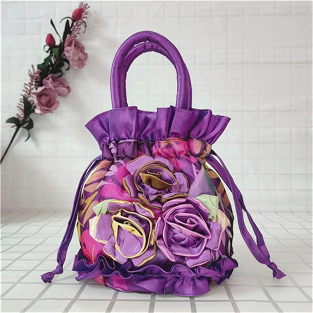 High Quality Top Handle Lace Flower Bag Lace Embroidery Bucket Drawstring Cloth Bag Dacron Women's Handbag