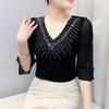 Sommer Kurzarm Damen T-Shirt Sexy V-Ausschnitt Glänzende Heiße Diamanten Oberteile Elegantes Mädchen Slim Mesh T-Shirts