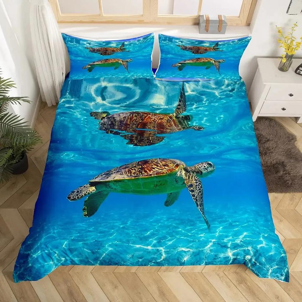 Sea Animals Duvet Cover Set Turtle Print Bedding Sets Queen Size 3D Gorgeous Luxury Comforter Cover Set Marine Life Quilt Cover