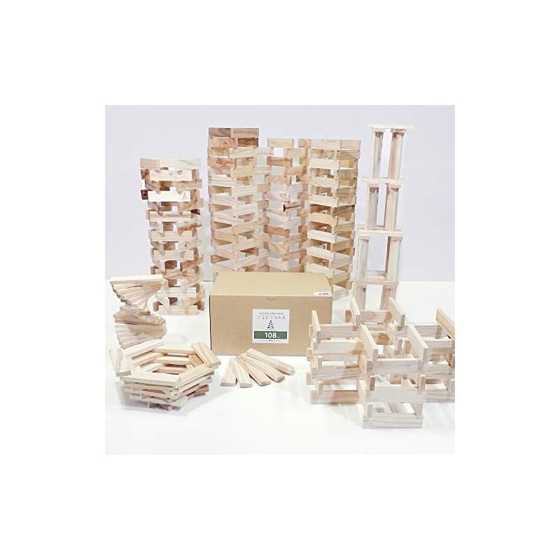 Karakara Tsumiki 108, 240-Piece Wooden Building Blocks, Educational Toy, Made in Japan with Unpainted Miyazaki Cedar, Safe and Secure, Montessori,