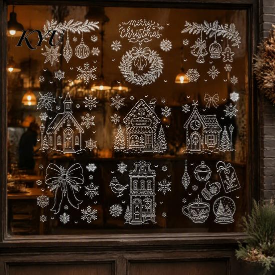 Reusable Gingerbread House Window Clings 9Pcs Christmas Clings, Static Glass Stickers, White Line Hand-Painted Decals for Holiday Home Decorations,