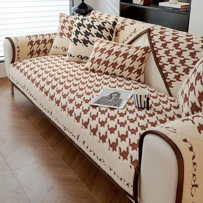 Qianniao Grid Sofa Cushion Comfortable Cotton Velvet Winter Thickened Seat Cushion High-end and Anti Slip Sofa Cover