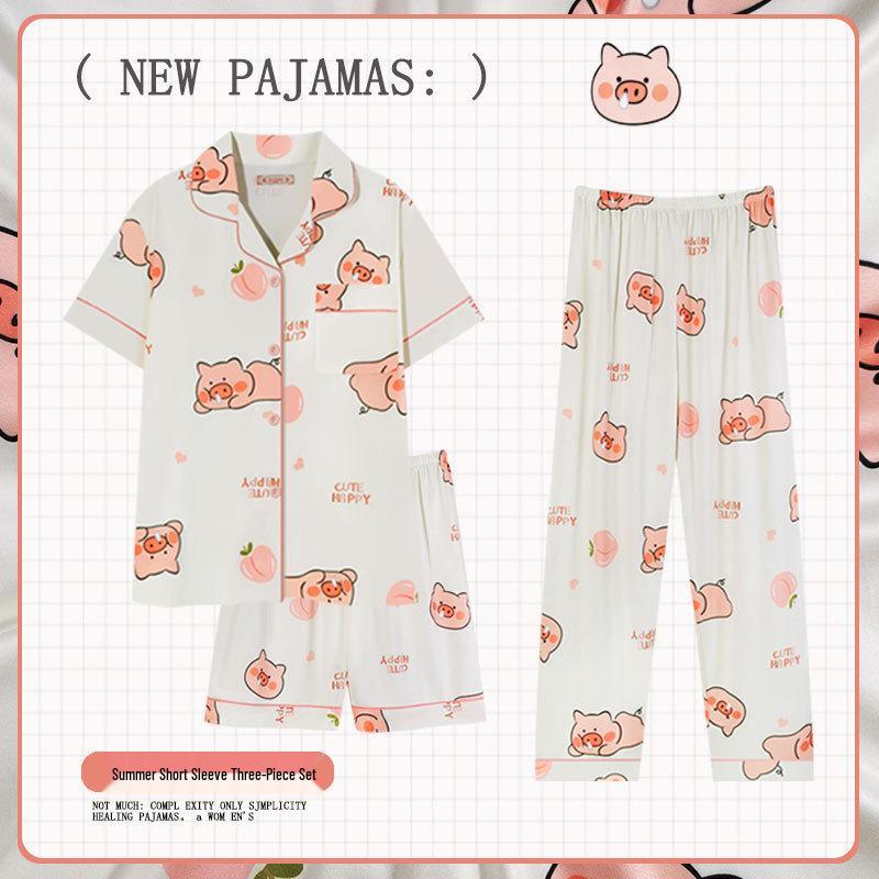 Pastoral Women's Pajama Set: Soft, Cute Rabbit Design, Short-Sleeve, Casual Three-Piece Loungewear.