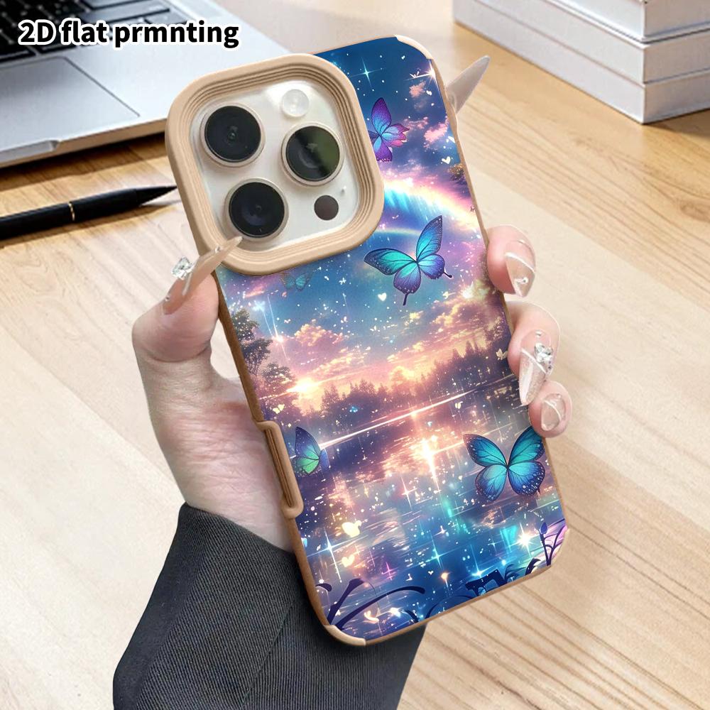 Phone Case: 2D flat lambskin suitable for iPhone 18, 17, 16, 15, 14, 13 Pro protective cases, colorful butterfly lake surface, Christmas and Halloween