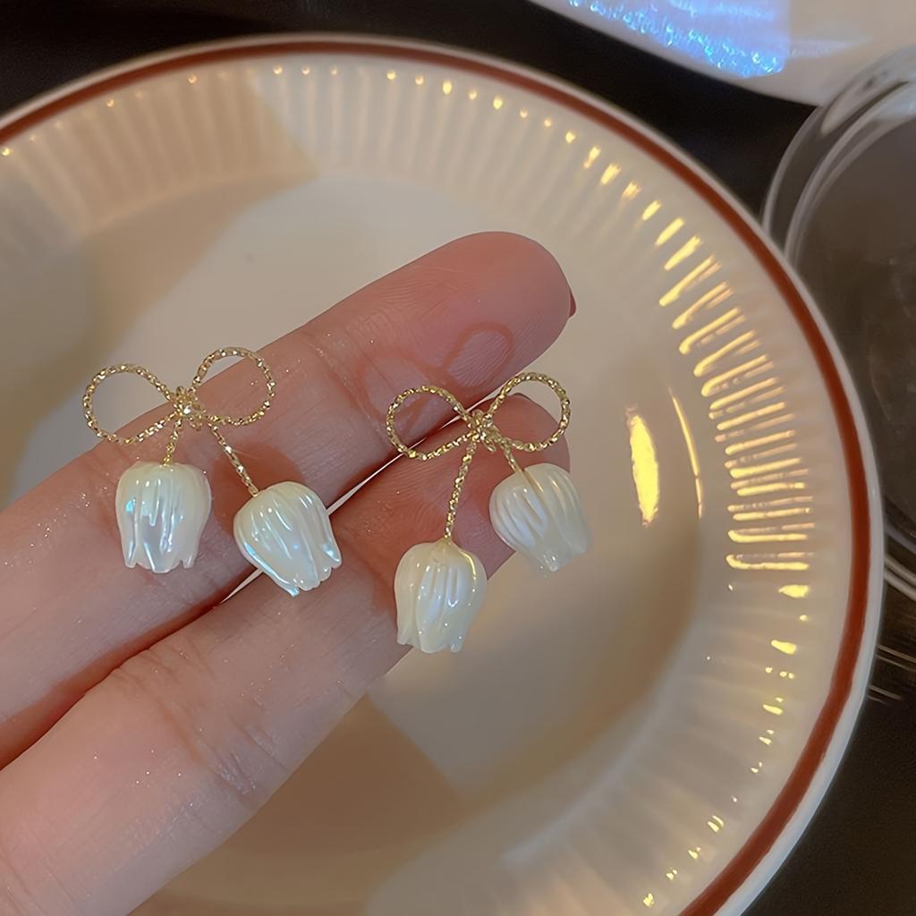 Schleifen-Tulpen-Blumenohrringe für Damen, Eleganter Hochwertiger Hängeschmuck Tägliches Hochzeitsgeschenk für Freundin