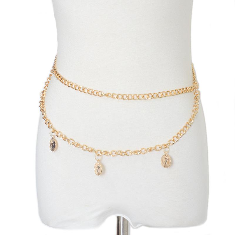 

Metal waist chain - women s vintage portrait coin tassel pendant - slim belt 110cm золотой
