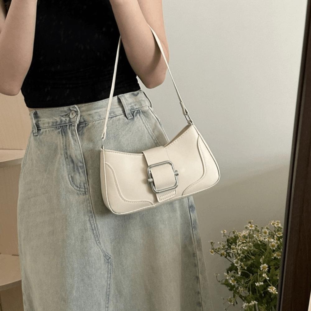 Fashion Vintage Buckle Shoulder Bag Solid Color Y2k Women's Armpit Bag Cuasal Leisure PU Leather Handbag Female