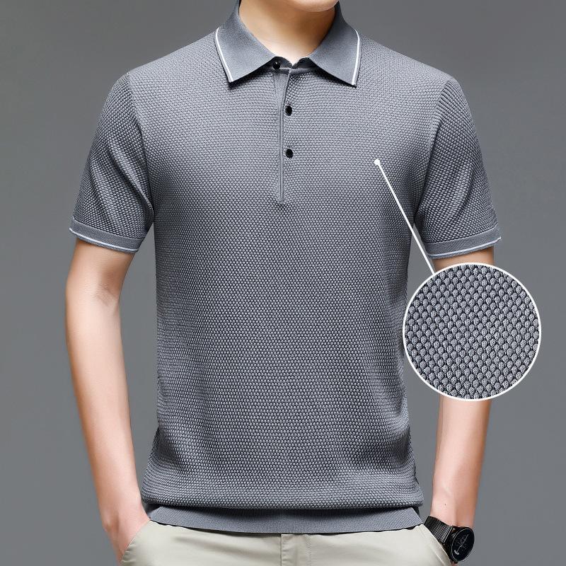 Middle-Aged and Old Father Clothes Business Casual Fashion Men's T-shirt Polo Collar Solid Color Elegant Breathable Mesh Short Sleeve