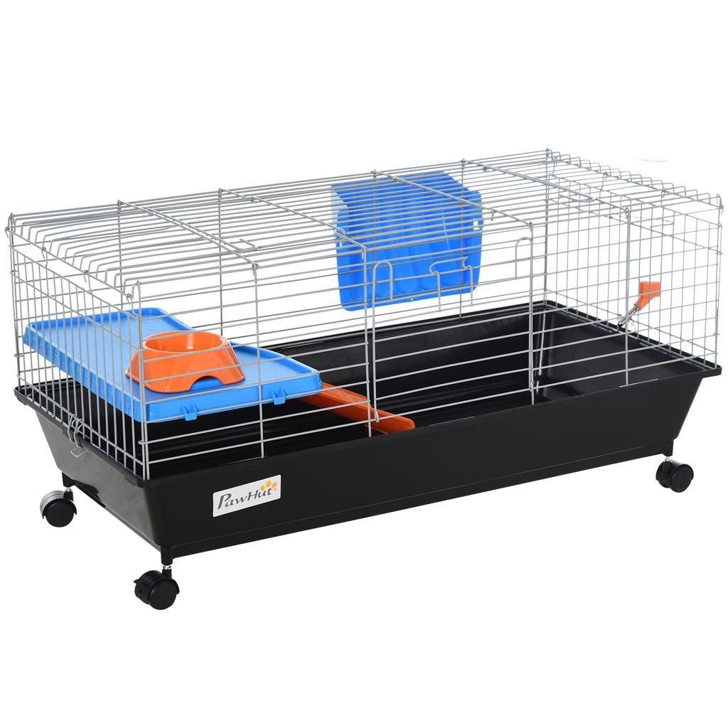 Small Rodent Cage with Wheels, Habitat for Ferrets, Guinea Pigs with Feeder, Water Bottle, Ramp and Opening Roof, 89x44x43 cm, Black