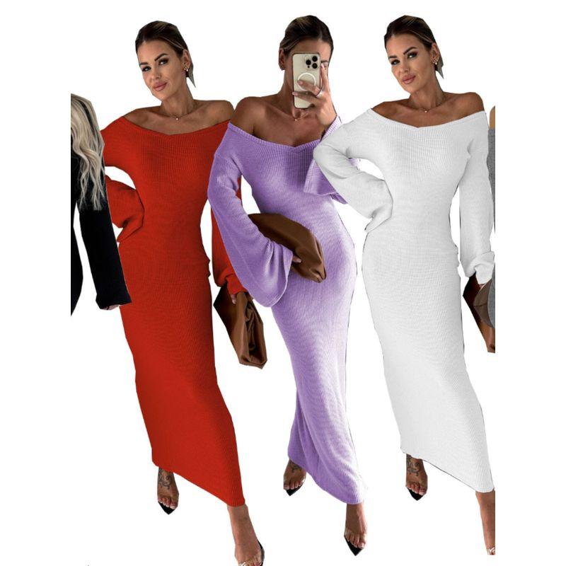 

Amazon Fashion Wind Fashion Sexy Silm V Neck Long Sleeves Knitting Fall and Winter Ribbing Bottoming Fashion Fishtail Dress White M