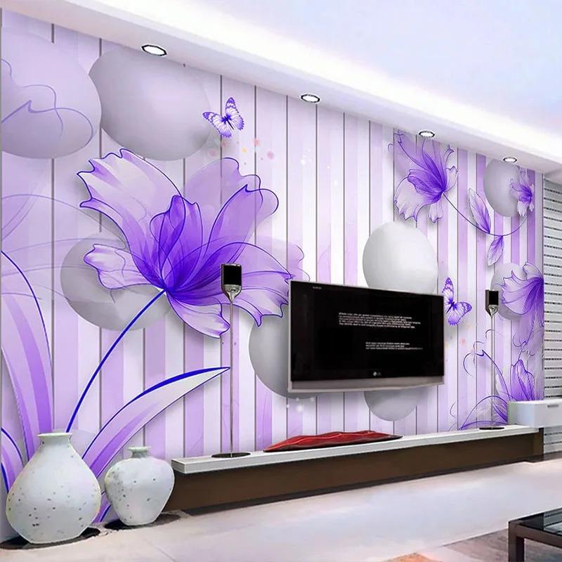 Modern Wallpaper Purple Lily Flower Mural 3d Stereo Sphere Fashion Background Wall Mural 3d Stickers
