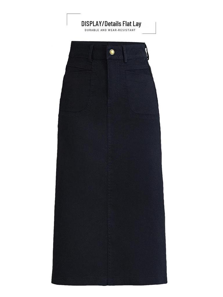 High Waist Denim Midi Skirt with Back Slit - Slimming Spring Fashion Pencil Skirt