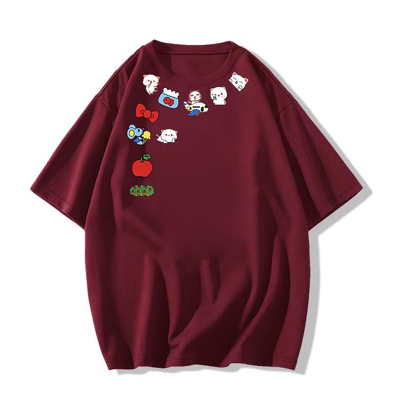 

Женская белая хлопковая футболка большого размера - Лето 2025, Американский стиль, Короткий рукав, Свободный крой. M бордовый