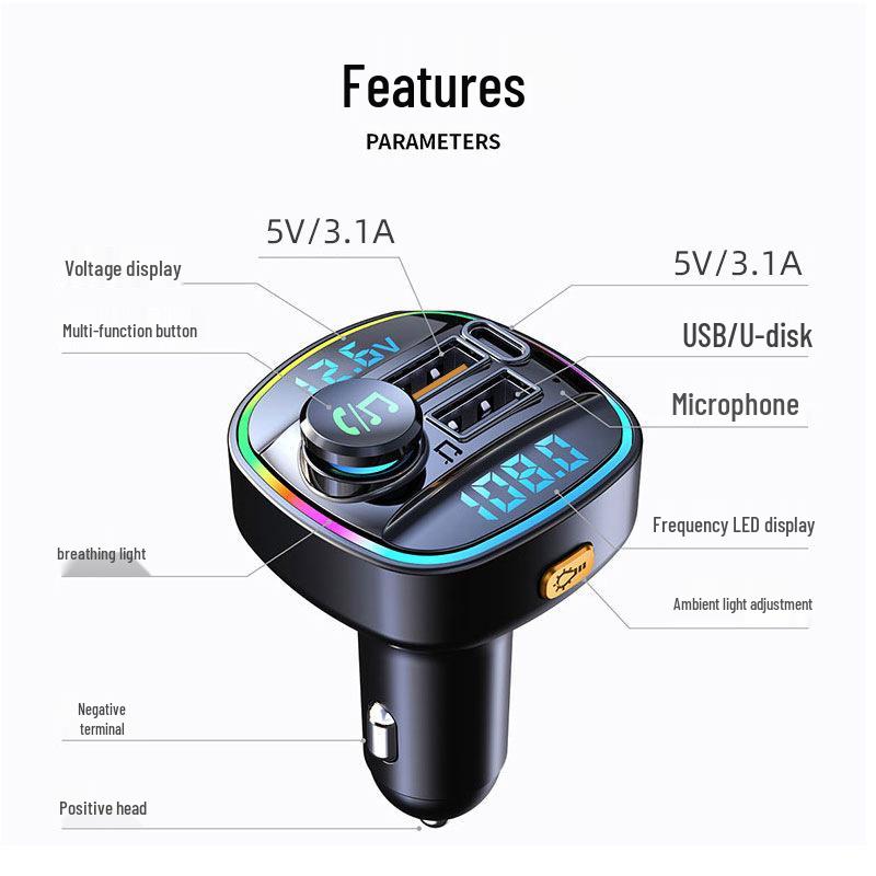 Bluetooth Car MP3 Player with Lossless Sound, Fast Charging, FM Transmitter, and HD Dual Display.