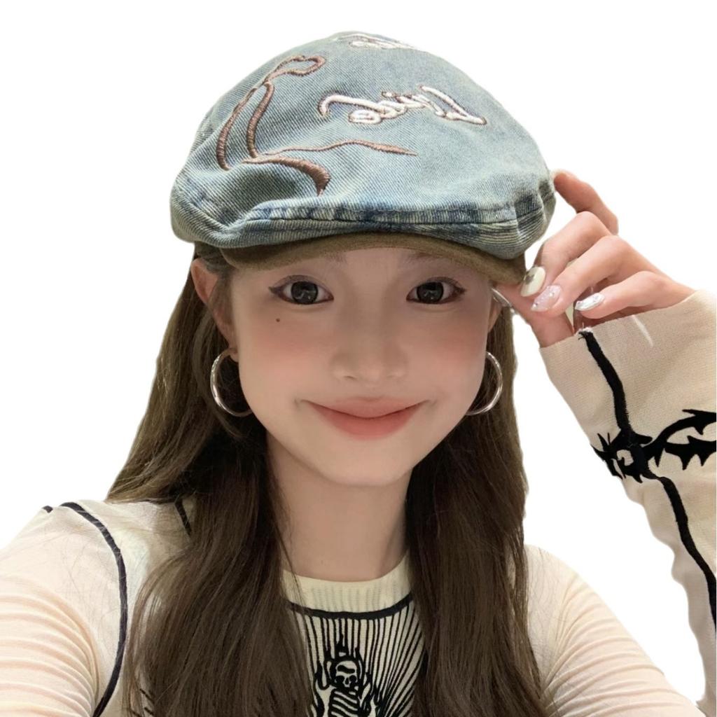 Japanese Retro Bow Washed Denim Beret Women'S Summer Versatile Big Head Circumference Forward Hat Showing Face Small Painter Hat