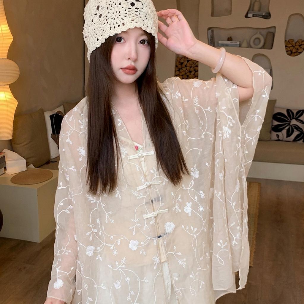 New Chinese ethnic style embroidered flower shawl antique buckle cardigan loose long women's cotton and linen travel scarf