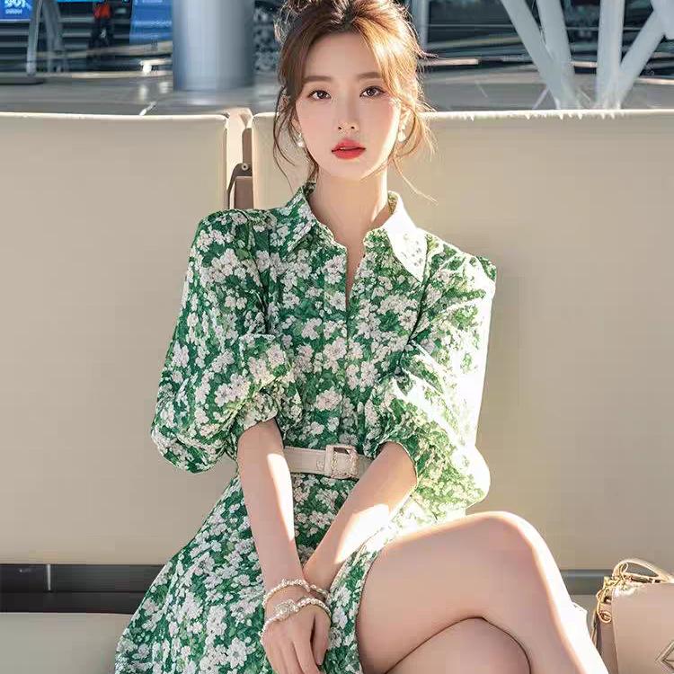 

Petite Korean Dopamine Anti-Aging Green Floral Lapel Shirt Dress, Fresh & Cute 2026 Large
