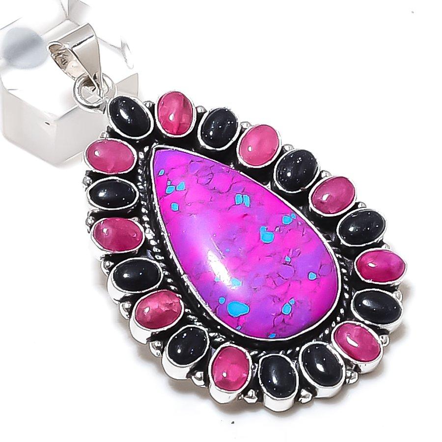 Natural Copper Turquoise, Onyx 925 Sterling Silver Jewelry Pendant 2.68" ETC-13785