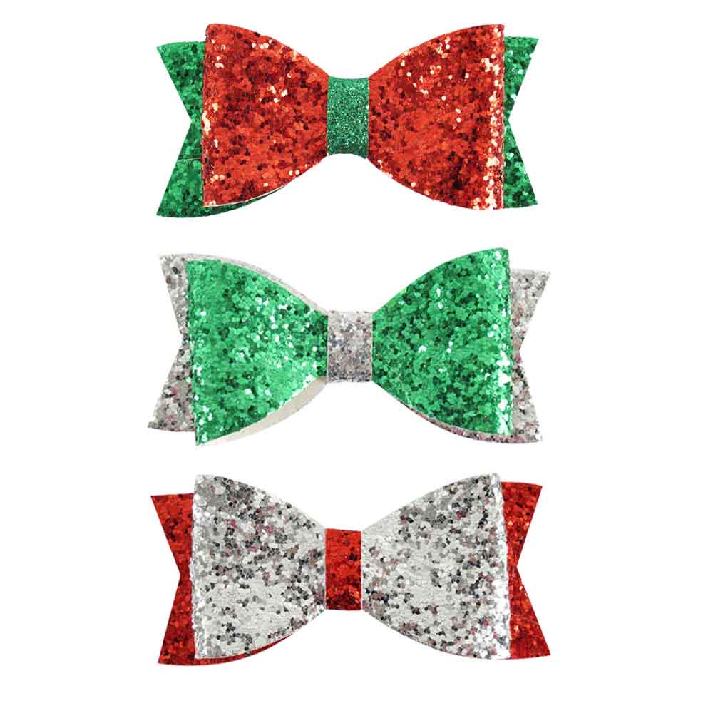 4" Christmas Hair Bows Silver Glitter Sparkle Christmas Hair Bow With