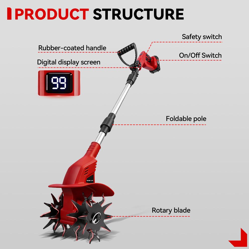 ONEVAN Bürstenloser 1600W Elektrischer Bodenfräse Fräse Kultivator Rasenmäher Akku-Vertikutierer Gartengerät Für Makita Batterie Pin