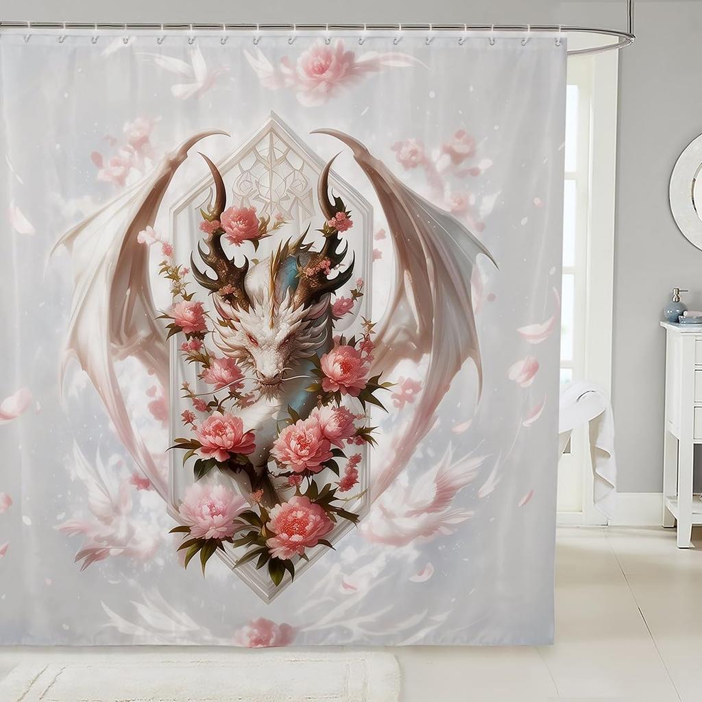 Blumen Drache Duschvorhang, Japanischer Stil Drache Badezimmervorhang Kinder Jungen Mädchen Badezimmer Dekoration, Magisches Tier Badevorhang