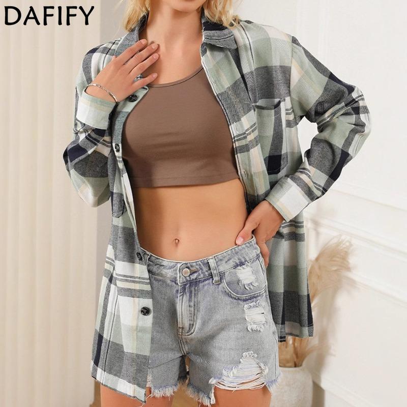 DAFIFY Women's Fashion Casual Spring Autumn Plaid Print Long Sleeve POLO Neck Blouses & Shirts