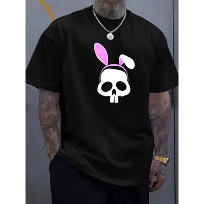 European Sizes Men'S Skull and Bunny Ears Graphic Street Style T-Shirt | Soft Ribbed Crew Neck