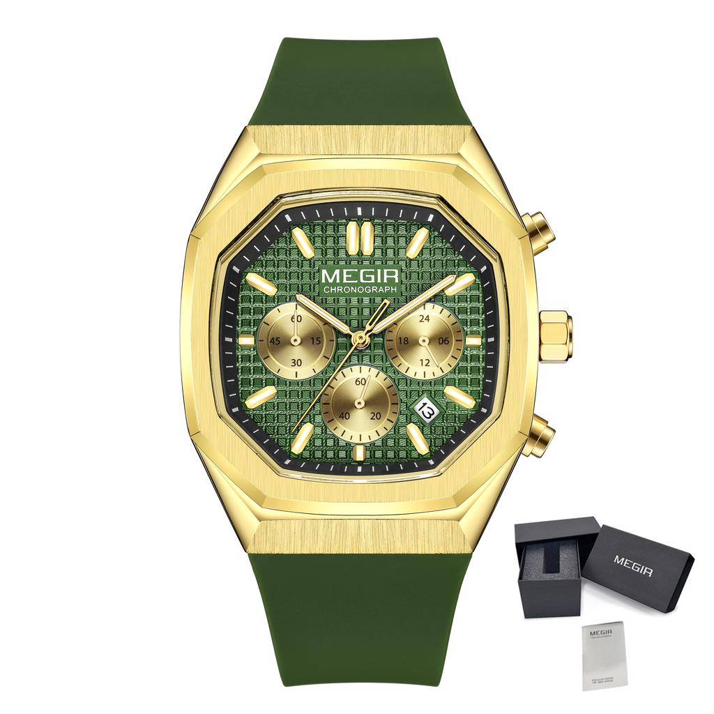 MEGIR 2215 Men Luxury Watches Fashion Casual Sports Chronograph Silicone Strap Quartz Wristwatch Calendar Waterproof Clock