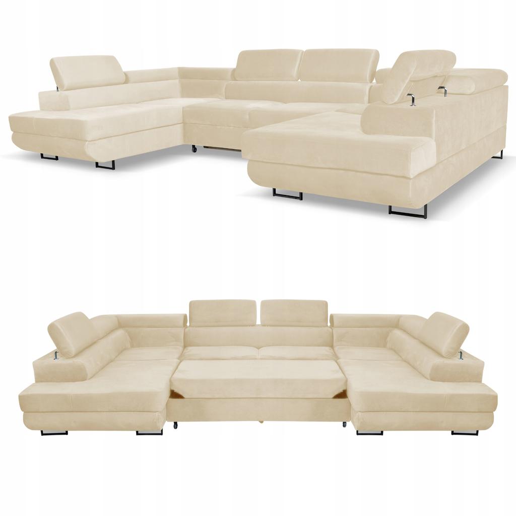 U-shaped Corner Sofa Bed, Extendable F. Bosso Family Sleeping Furniture Beige Velvet