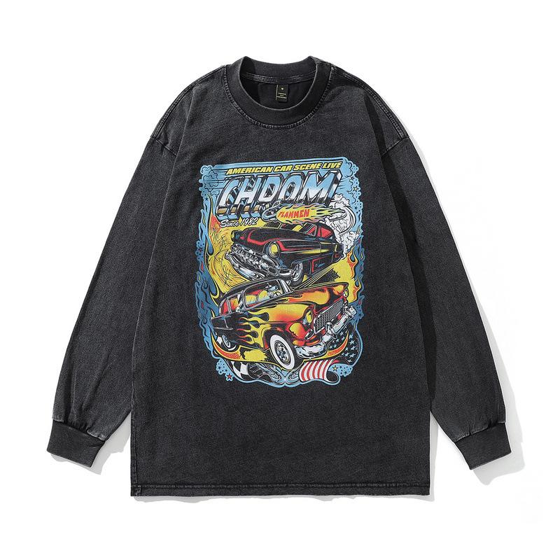 Heavy Cotton Long Sleeve T-Shirt Vintage Vintage Print Washed Vintage Vintage Base Shirt For Men And Women