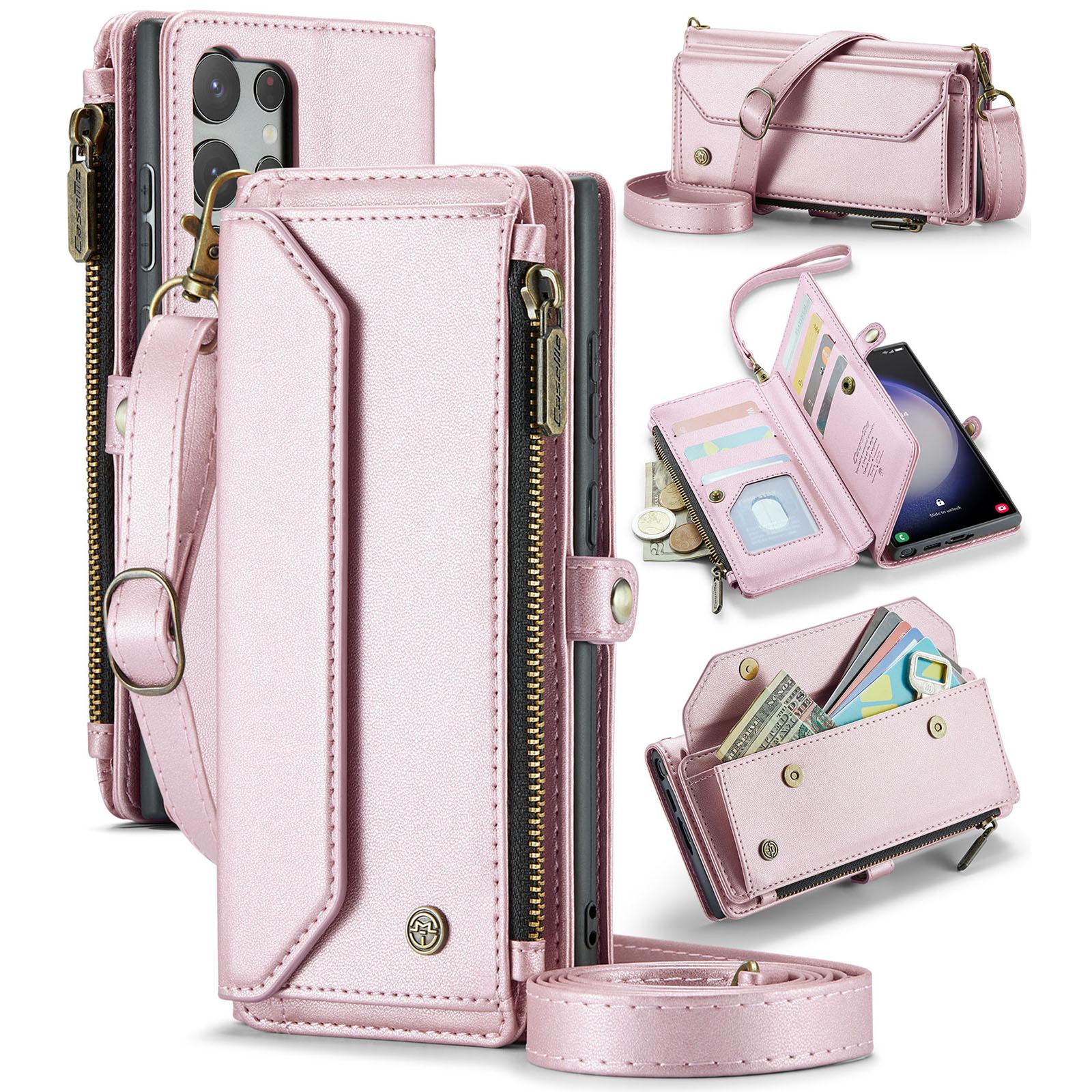 

Для Samsung Galaxy S23 Ultra кожаный чехол CASEME C36 молния несколько слотов для карт чехол для телефона с ремешками Pink