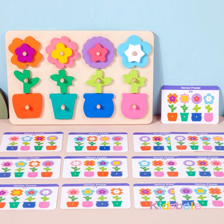 Montessori Diy Wooden Flower Puzzle Board Game With Cards Shape Color Cognition & Matching Geometric Educational Toy For Kids