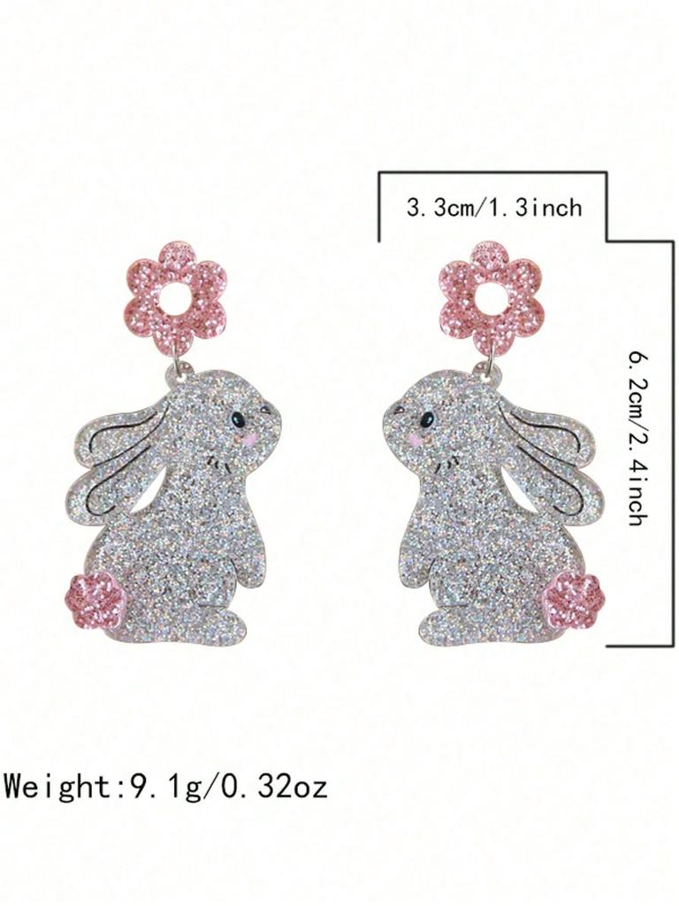 1 Pair Easter Bunny Earrings, Cute Animal Bling Bling Flower Funny Earrings