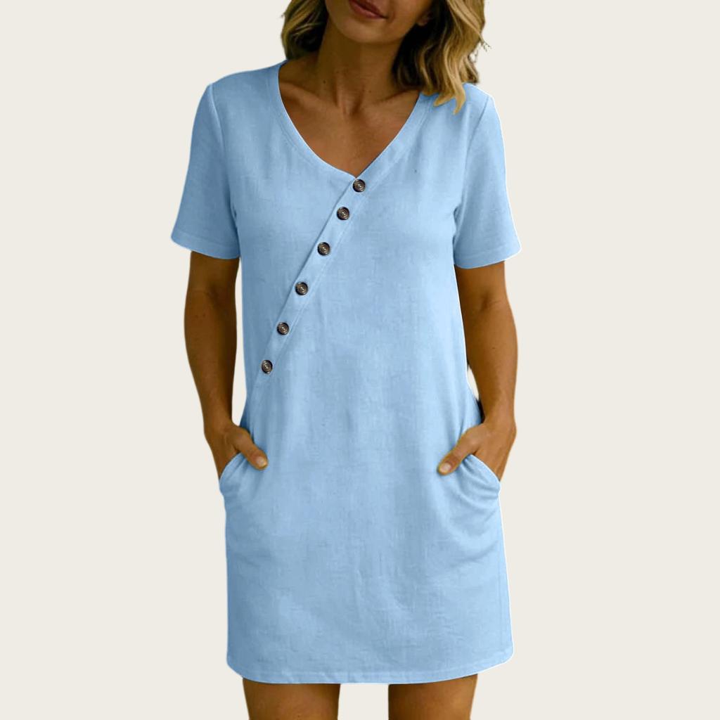 Damen Sommer Lässiges V-Ausschnitt Kurzarmkleid mit Knopfleiste und Taschen Leicht Lockerer Schnitt für den täglichen Gebrauch