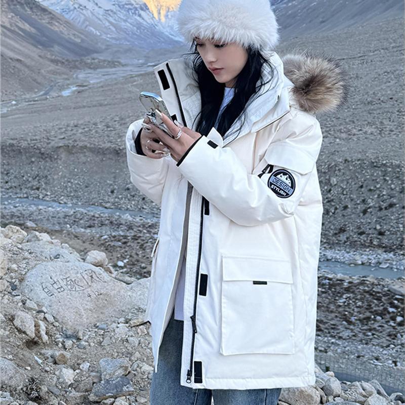 Roupa de Trabalho Outono e Inverno com Gola de Pele, Jaqueta Parker de Algodão com Penas, Jaqueta de Algodão Moda Americana, Jaqueta Quente Média a Longa, Roupa Exterior de Algodão Casual