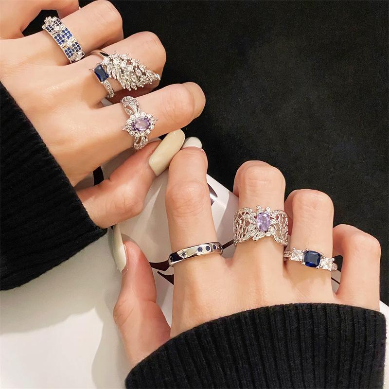 Super Flash Spitzenmuster Lila Zirkon Eleganter Öffnungsring Licht Luxus Hohes Gefühl Süß Nische Zeigefingerring