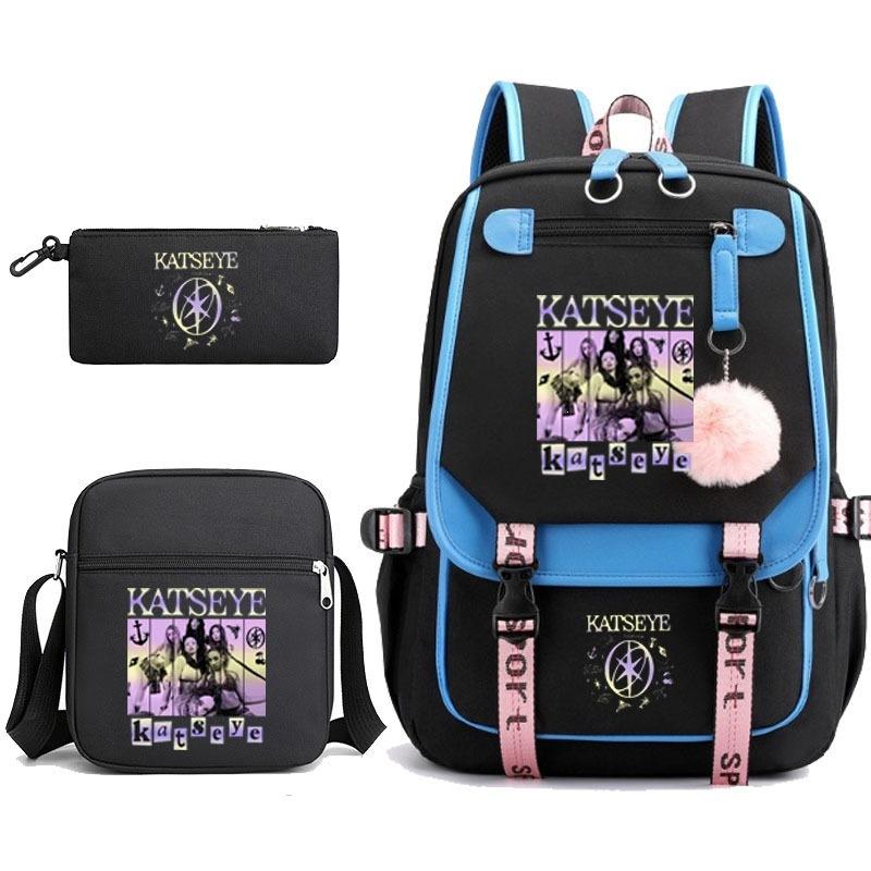 Katseye USB nabíjecí batoh Taška přes rameno Pouzdro na tužky Sada 3 v 1 pro studenty