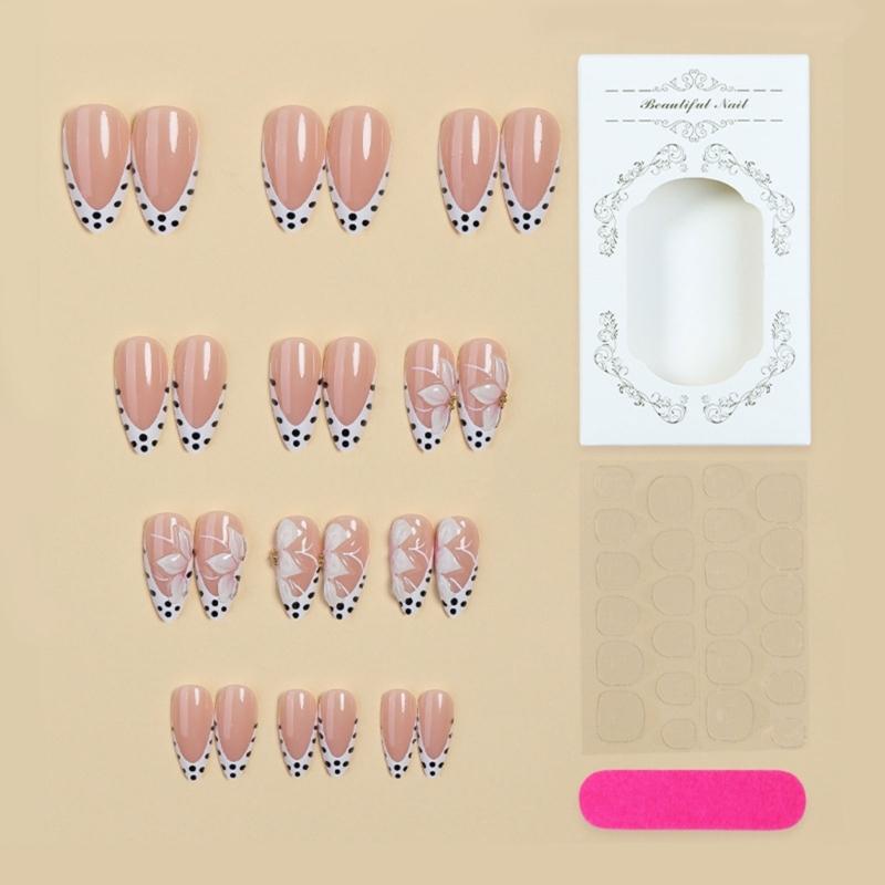 Flower Detail Press On Nail Manicure Kit With Soft Pink French Edge Design, Dot Pattern Finish and 24 Piece Multi Size Wear for Party Styling