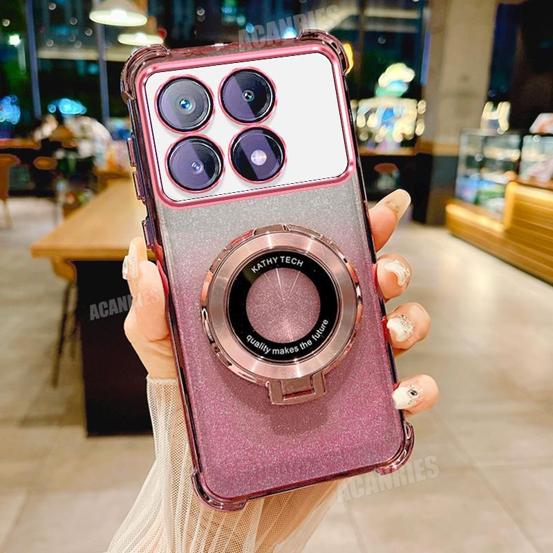 Pocox6pro Luxury Plating Holder Case On For Xiaomi Mi Poco X6 M6 F6 Pro X6pro 5g F6pro Shockproof Protect Silicone Stand Cover