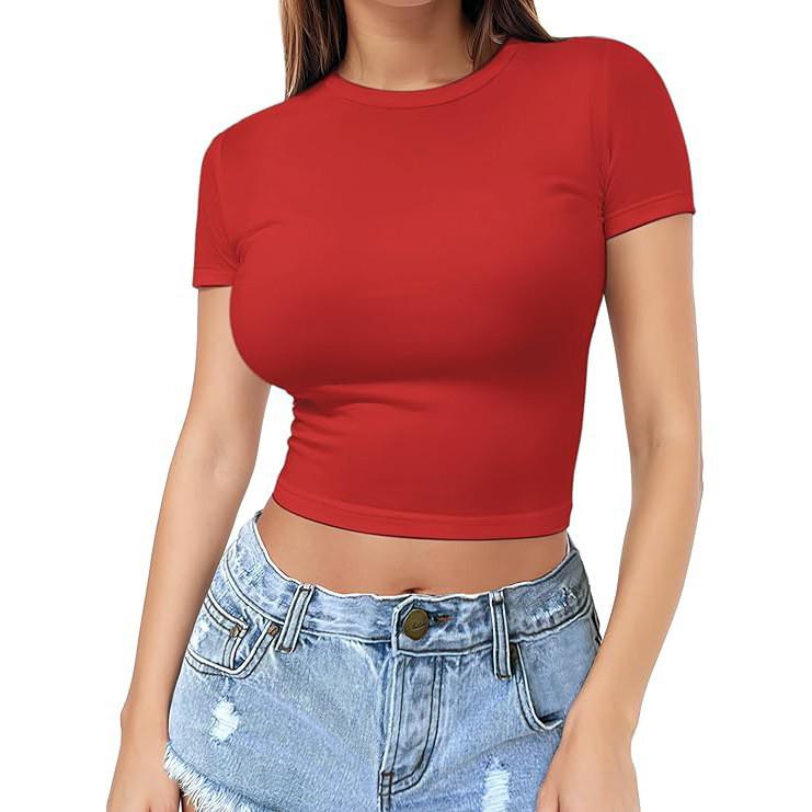 European & American Style Crop Top: Women's Summer Fashion Milk Silk T-Shirt, Short Sleeve, Round Neck.