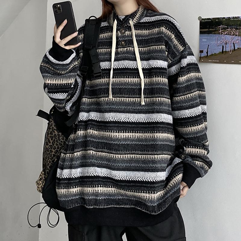 Autumn and Winter Vintage Striped Loose Pullovers Women Sweater Long Sleeve Casual Plus Size Knitted Sweaters Women Fashion O Neck Knit Jumpers 25361