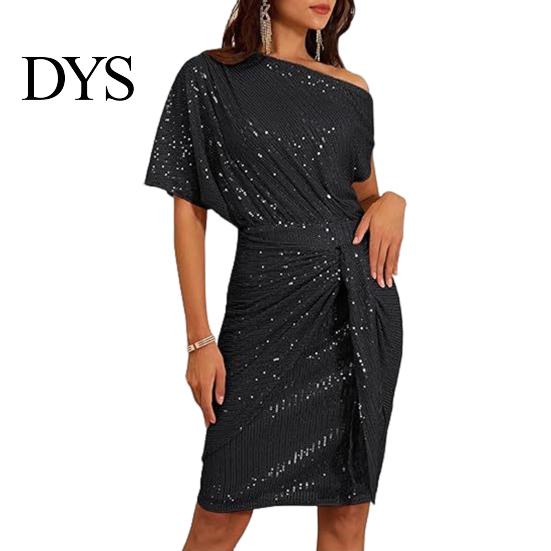 Abito Dimagrante Silhouette Serale Paillettes Monospalla Scollo obliquo Lunghezza al ginocchio Vestibilità aderente Allacciatura Affascinante Cocktail Fiocco Design asimmetrico Pieghettato