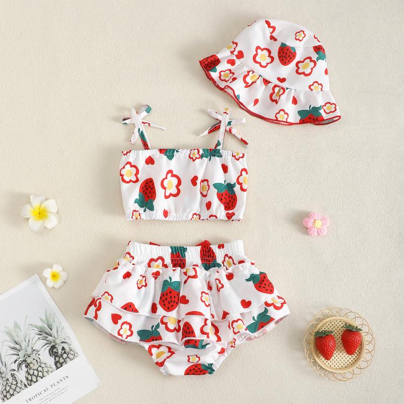 Strawberry Print Tank Top & Skirt Set with Hat for Infants and Toddlers - Cute European & American Style