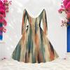 Women Plus Size V Neck Furry Trim Long Sleeve Self Tie Belt Abstract Print Gradient Blue Dress