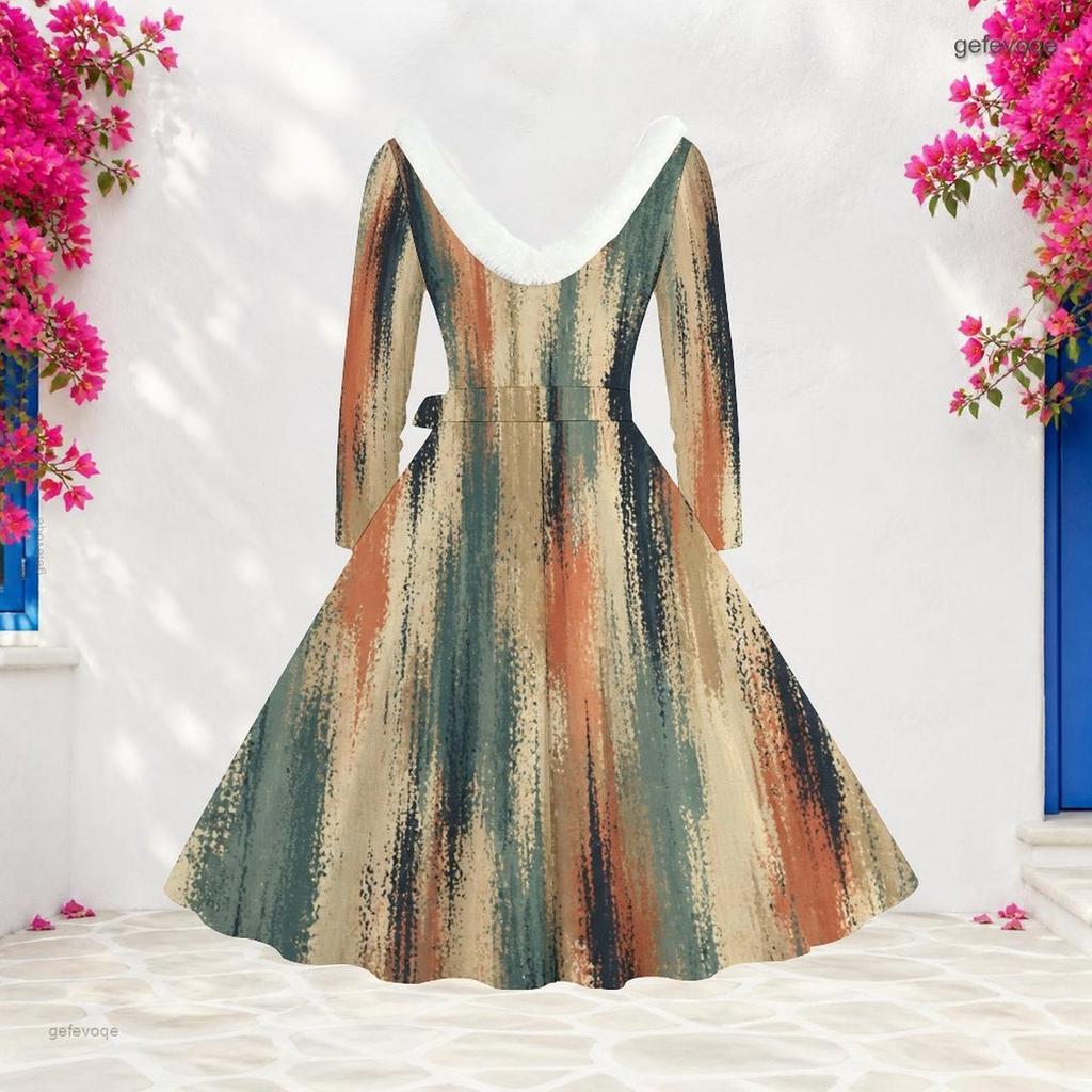 Women Plus Size V Neck Furry Trim Long Sleeve Self Tie Belt Abstract Print Gradient Blue Dress