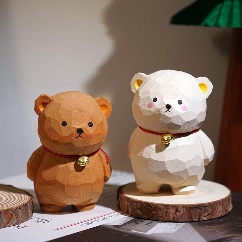Hand Carved Wooden Bell Bear Miniature Cute Animal Figurine Office Desk Decor