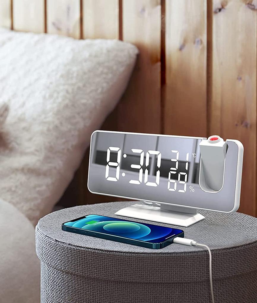 Shengshou Digital LED Alarm Clock with Projection Function, Non-Radio Controlled, Thermometer/Hygrometer, Snooze, FM Radio, Mirror, Mobile Phone Charg