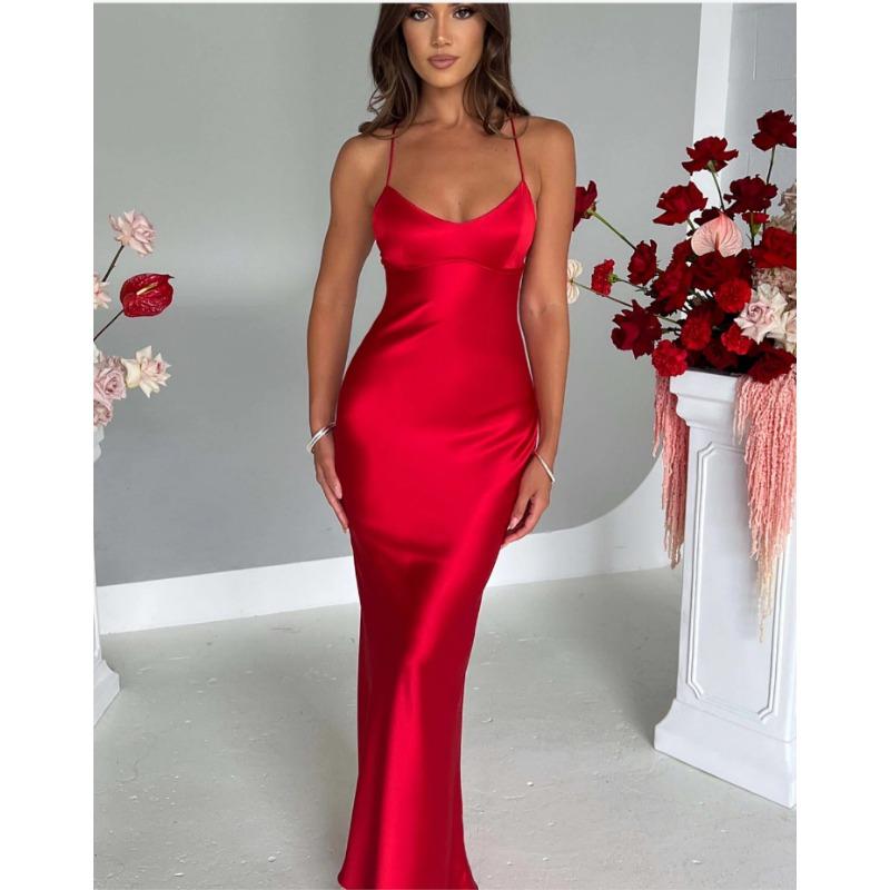 Women's Evening Dress Summer Sleeveless Backless Strap Waist Cinching Sexy Club Long Dress Women Fashion Elegant Solid Color Slim Fit Party Dresses