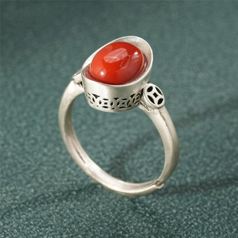 Adjustable Copper Ring With Red Agate Inlay Vintage Chinese Style Boho Jewelry Women Men