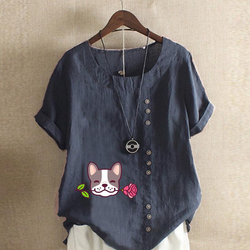 Women's Fashion Round Neck Short Sleeve T-shirt Casual Cotton Linen Graphic Shirt Leisure Loose Cute Dog Flower Prined Summer Blouse Tops Plus Size
